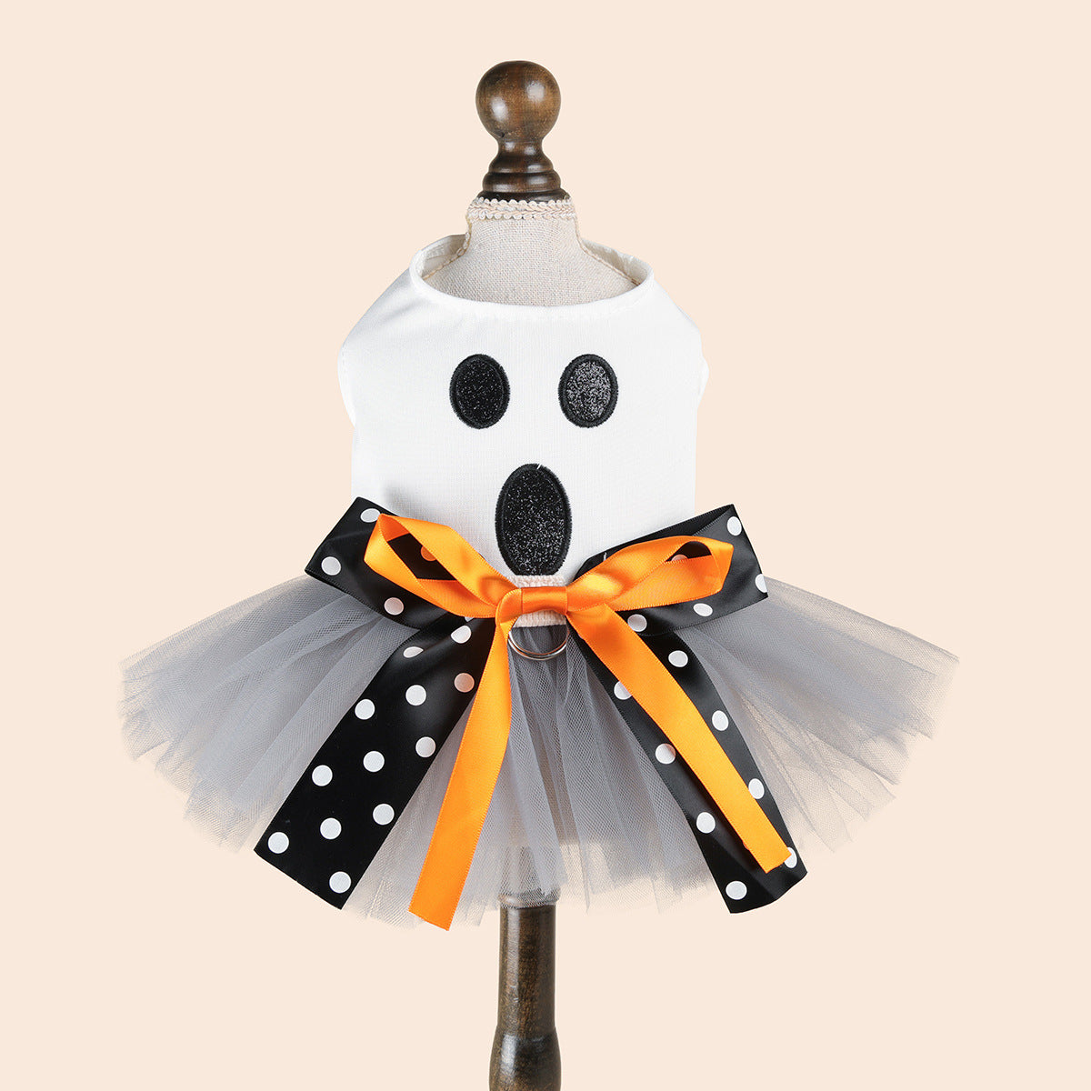 Ghost Face Ghost Polka Dot Bow Halloween Pet Tulle Dress for Maltese, Gray Mesh Festival Costume
