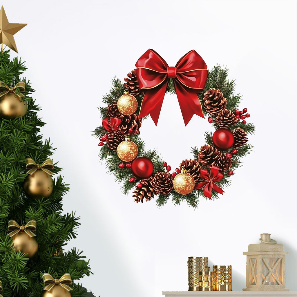 Christmas Wreath Wall Sticker — Red Bow & Pinecone