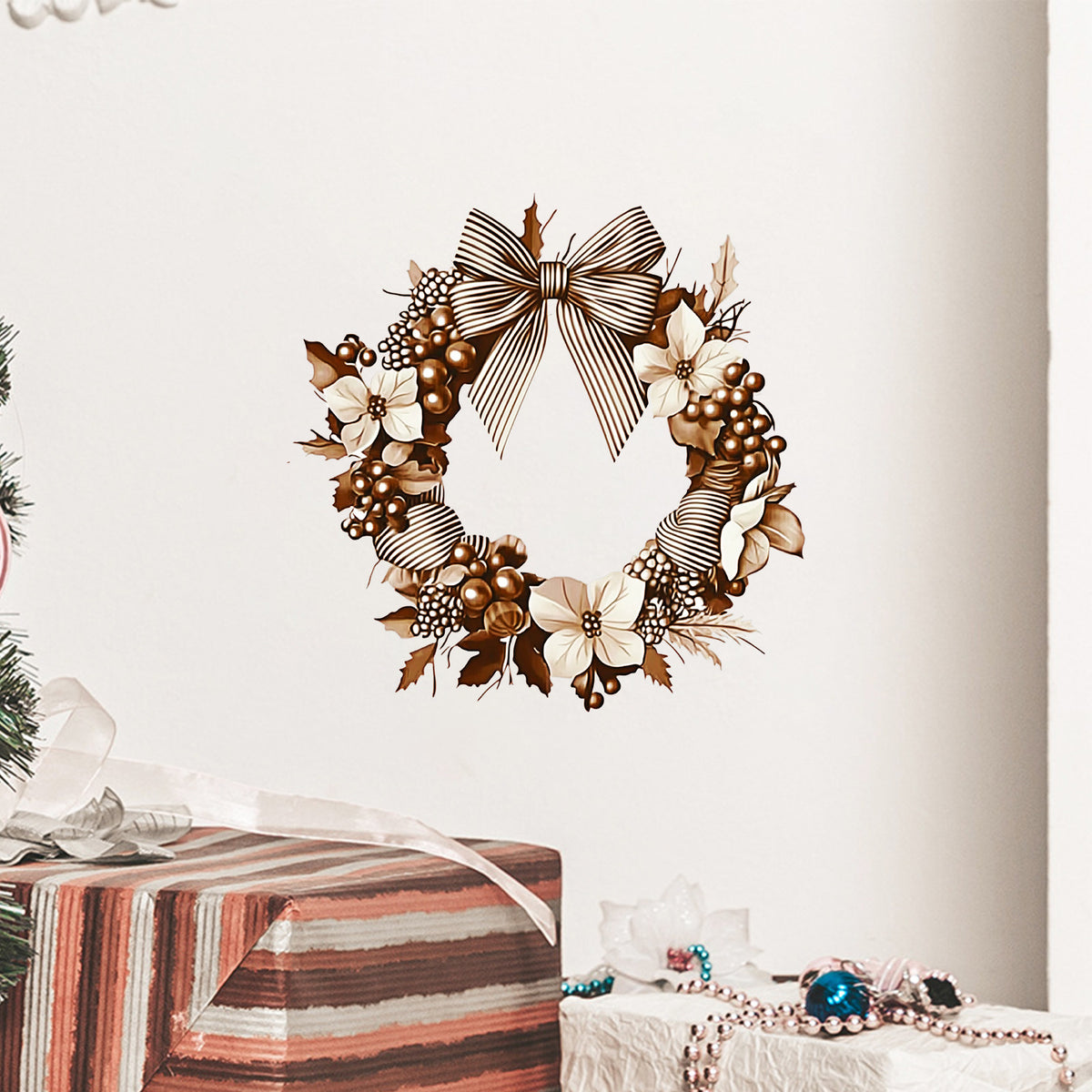 Christmas Flower & Bow Wreath Wall Sticker — 1 Piece