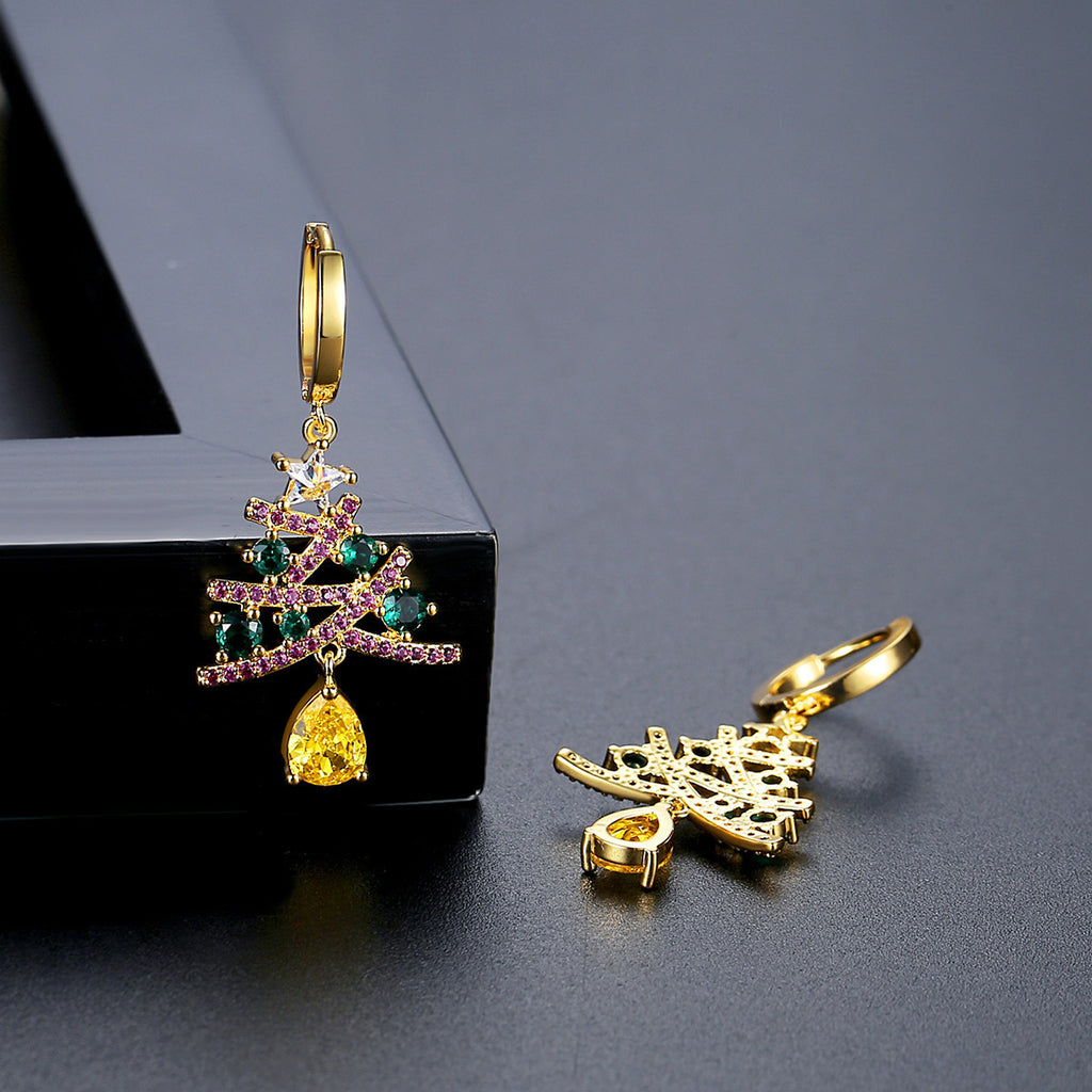 Christmas Tree Zircon Earrings — Gold-Tone Holiday Jewelry