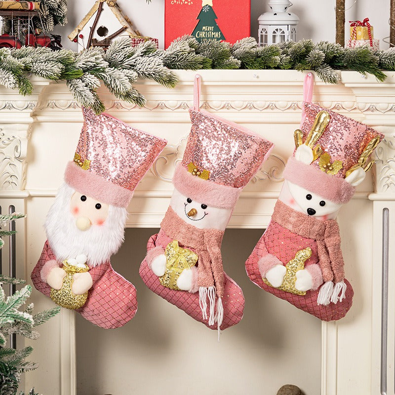 Sequin Christmas Stocking Gift Bag — Santa, Snowman & Deer