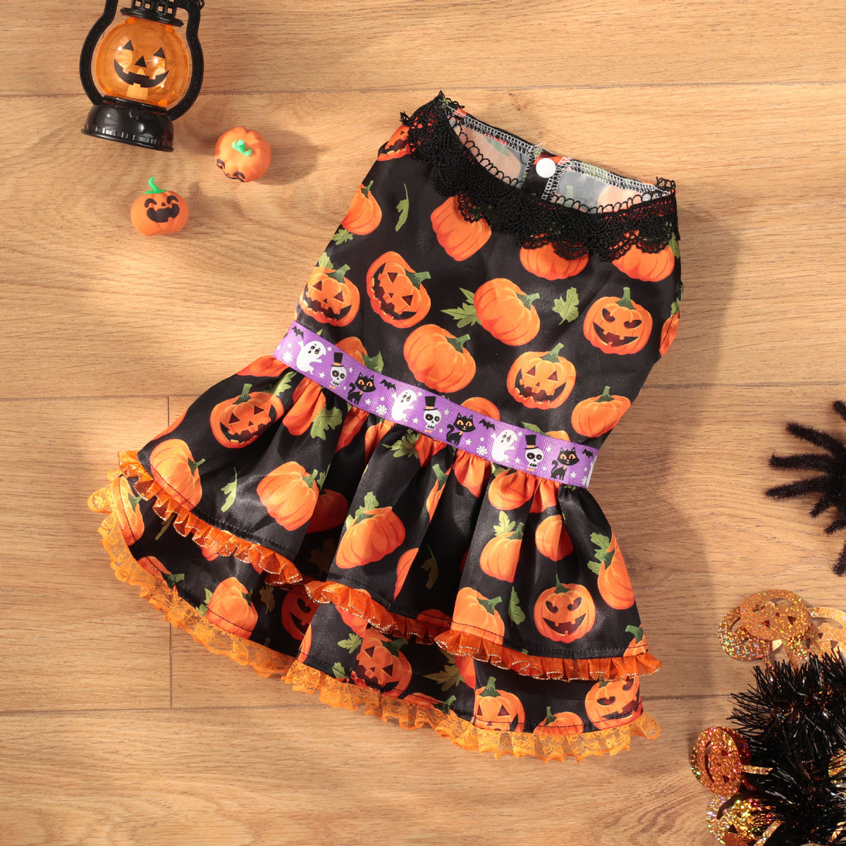 Halloween Pet Dog Dress for Medium and Small Dogs, Pumpkin Lace Skirt Factory Drop Shipping