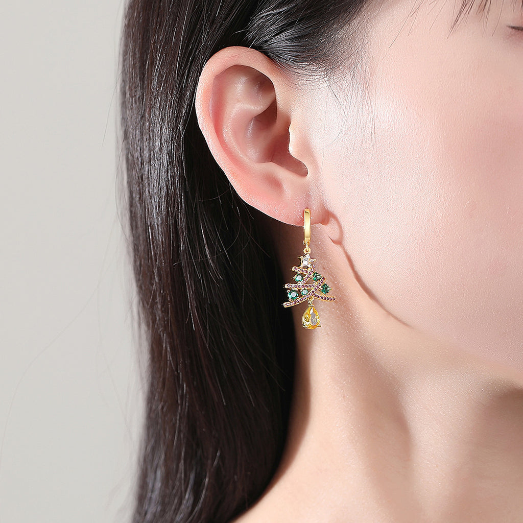 Christmas Tree Zircon Earrings — Gold-Tone Holiday Jewelry