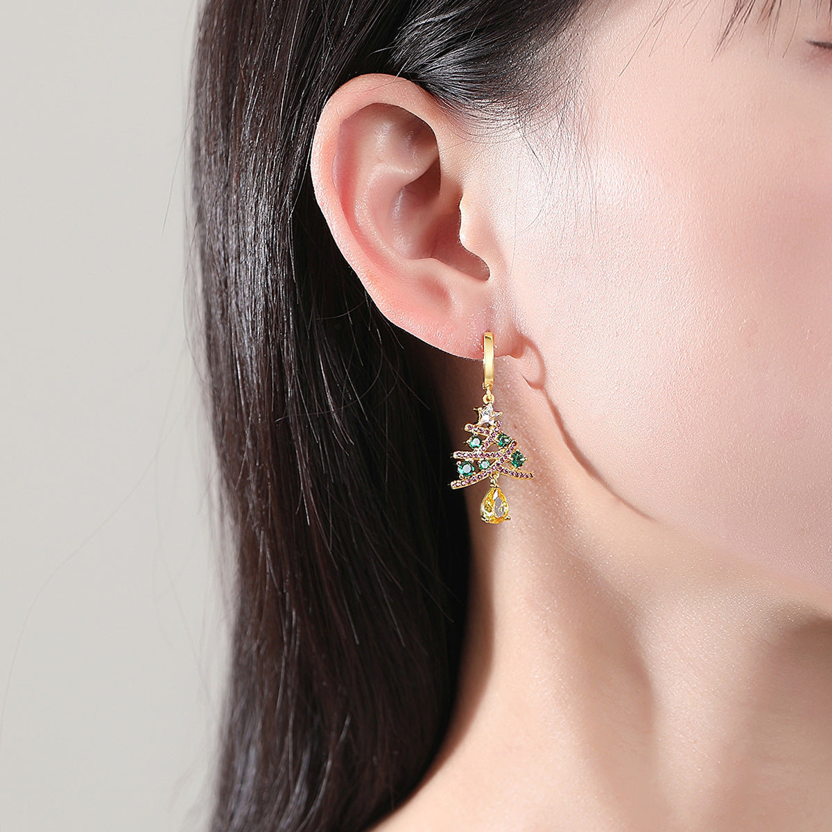 Christmas Tree Zircon Earrings — Gold-Tone Holiday Jewelry