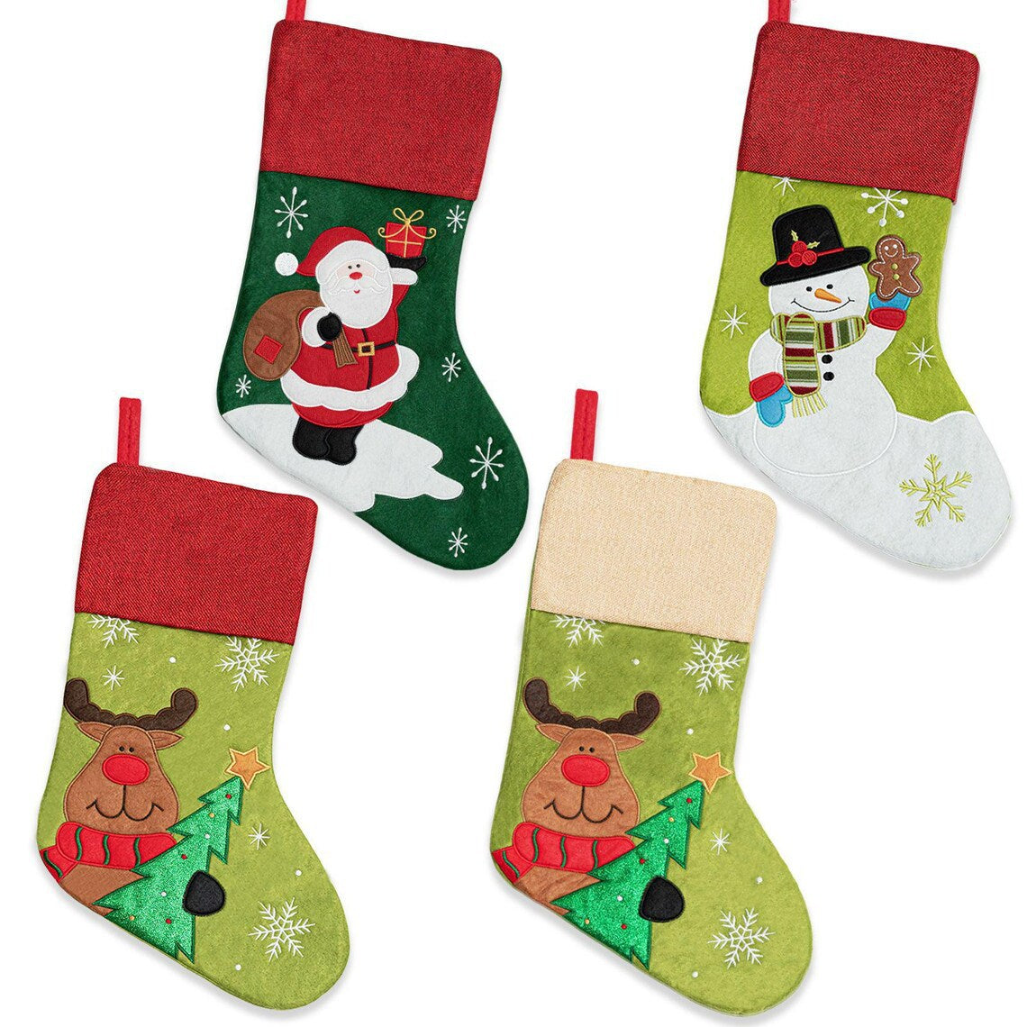 Embroidered Christmas Stocking Gift Bag — Santa, Snowman & Deer