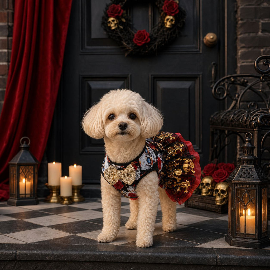 Autumn Winter Halloween Pet Clothes Teddy Bichon Maltese Organza Gold Foil Skull Princess Dress