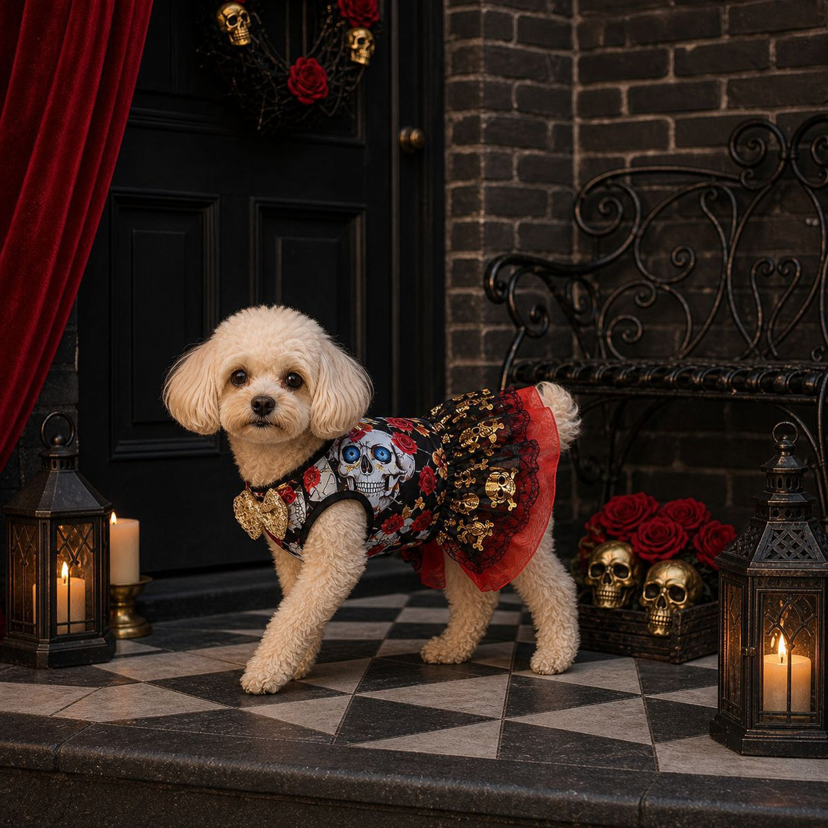 Autumn Winter Halloween Pet Clothes Teddy Bichon Maltese Organza Gold Foil Skull Princess Dress