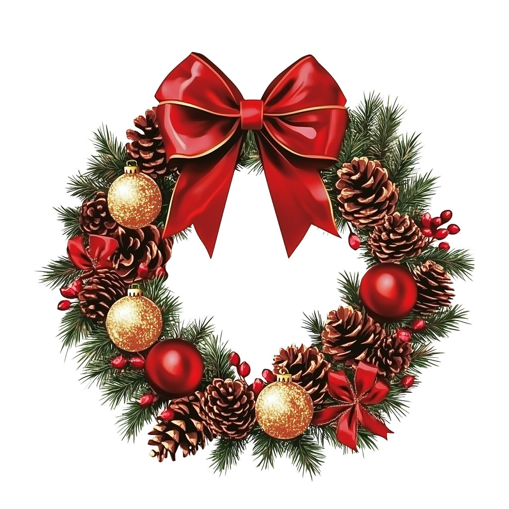 Christmas Wreath Wall Sticker — Red Bow & Pinecone