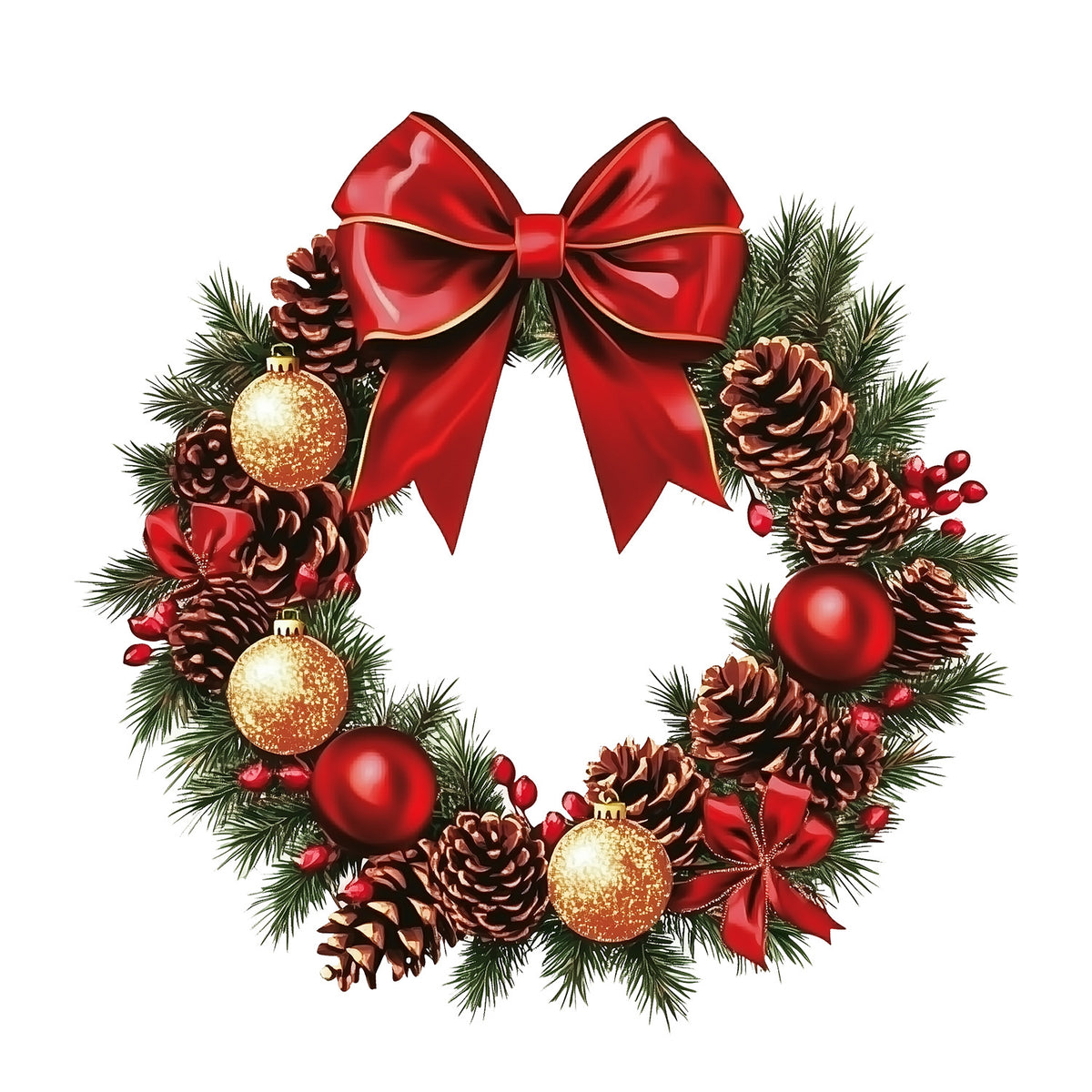 Christmas Wreath Wall Sticker — Red Bow & Pinecone