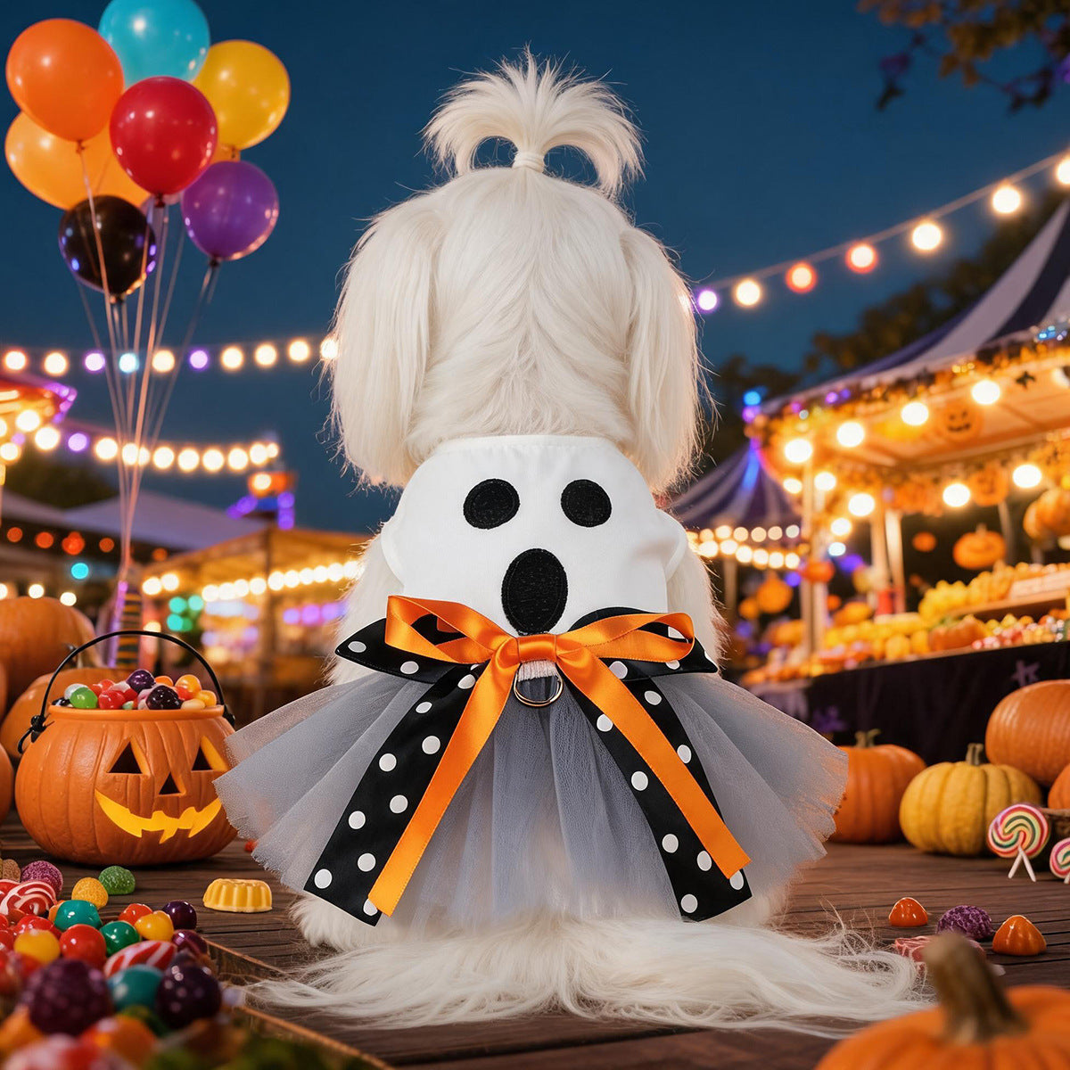 Ghost Face Ghost Polka Dot Bow Halloween Pet Tulle Dress for Maltese, Gray Mesh Festival Costume