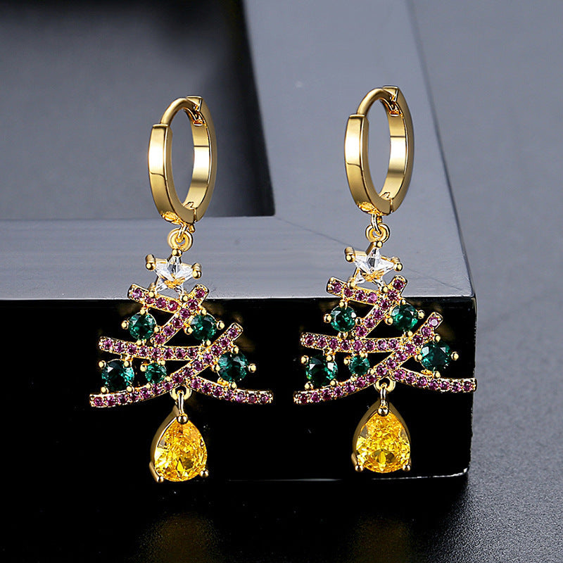 Christmas Tree Zircon Earrings — Gold-Tone Holiday Jewelry