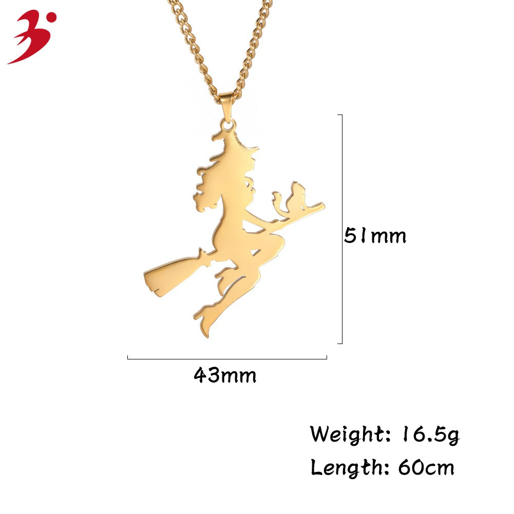 New Products Ladies Angel Stainless Steel Sweater Necklace Halloween Jewelry Gifts Witch Pendant