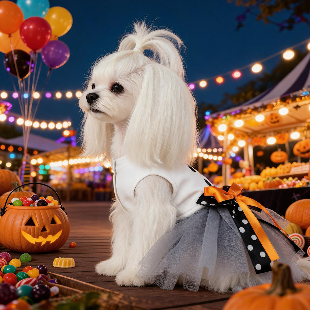 Ghost Face Ghost Polka Dot Bow Halloween Pet Tulle Dress for Maltese, Gray Mesh Festival Costume