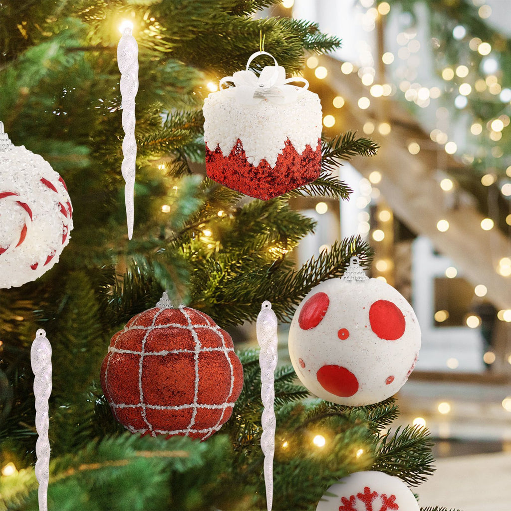 Red & White Christmas Tree Star Topper with Ball Ornaments