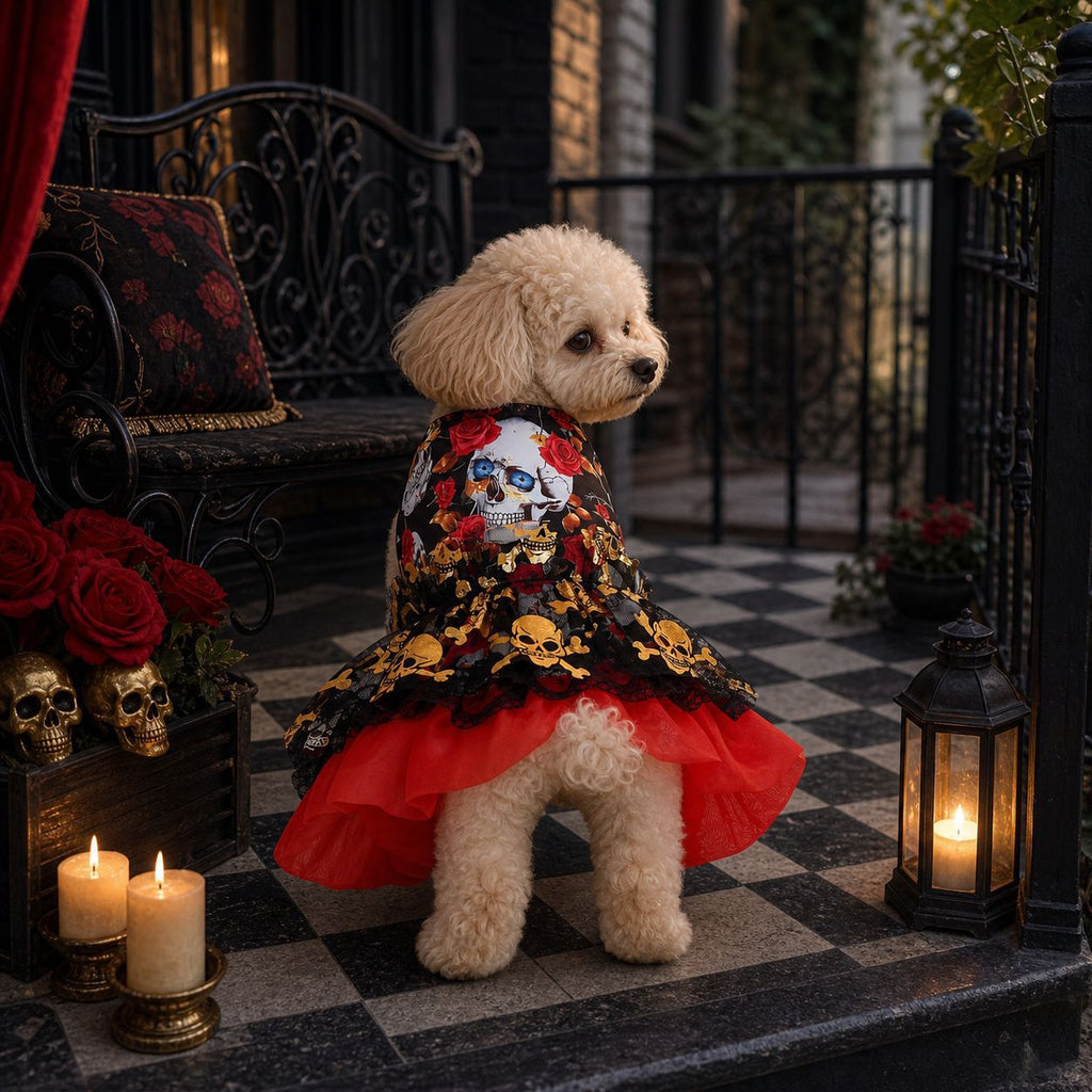 Autumn Winter Halloween Pet Clothes Teddy Bichon Maltese Organza Gold Foil Skull Princess Dress