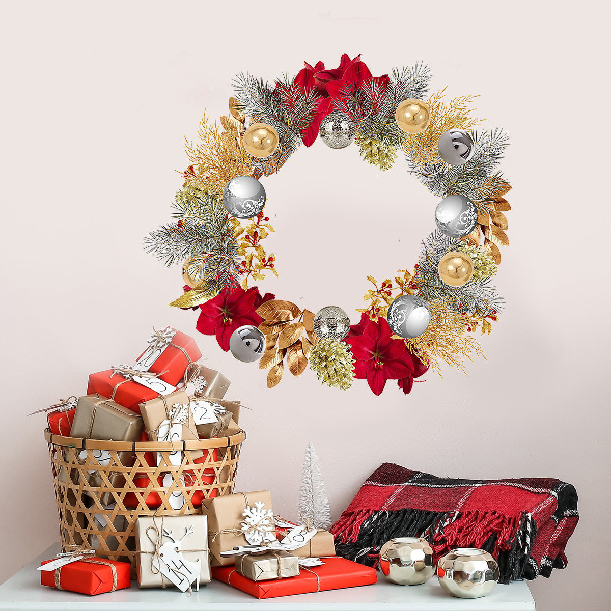 Christmas Wreath Wall Sticker — Leaves & Ornaments, 1 Piece