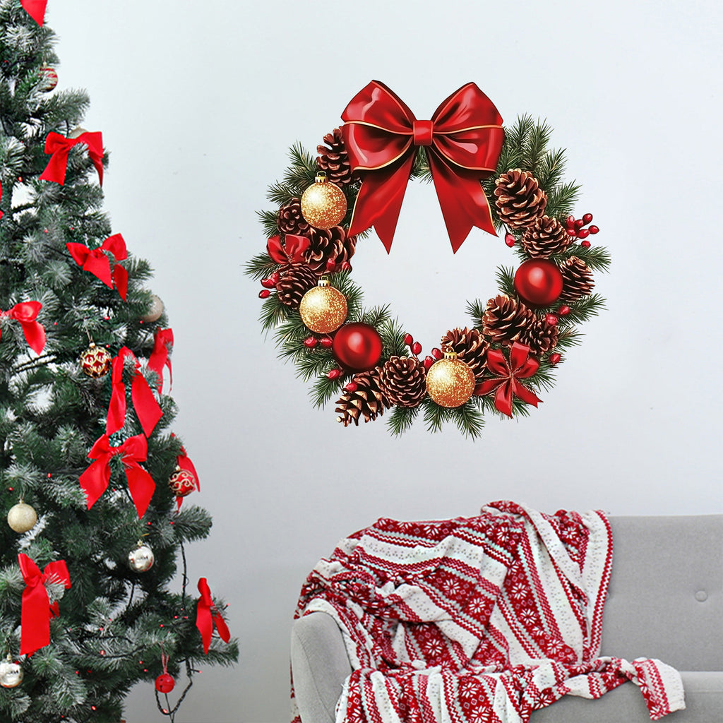 Christmas Wreath Wall Sticker — Red Bow & Pinecone