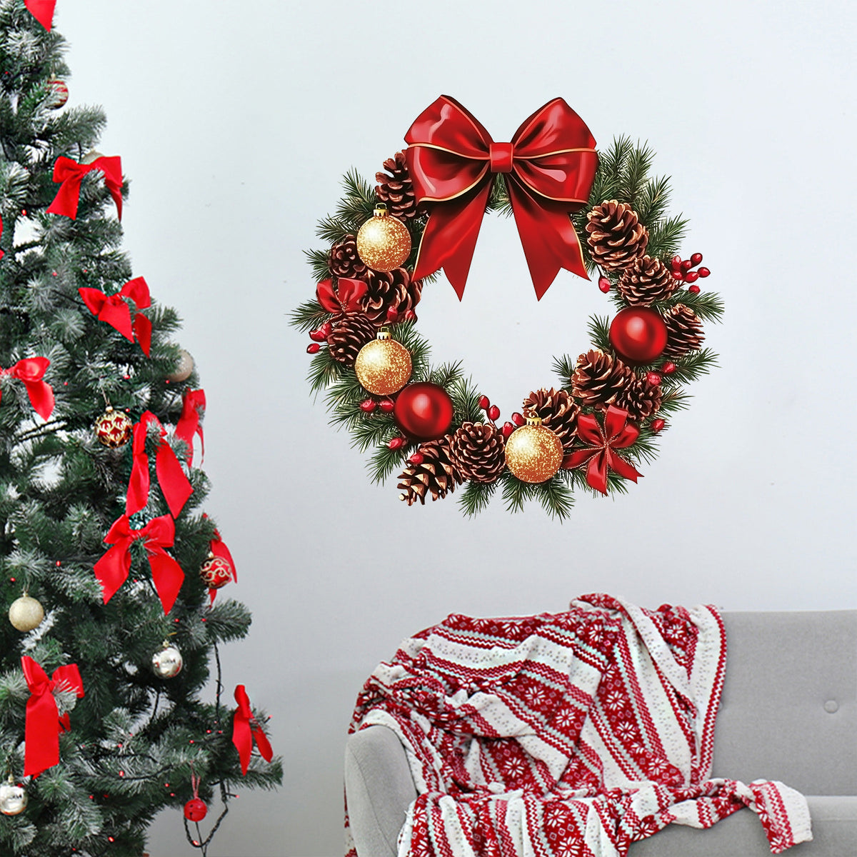 Christmas Wreath Wall Sticker — Red Bow & Pinecone