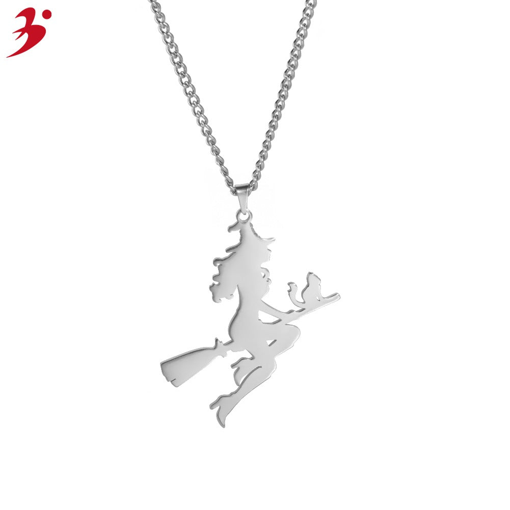 New Products Ladies Angel Stainless Steel Sweater Necklace Halloween Jewelry Gifts Witch Pendant