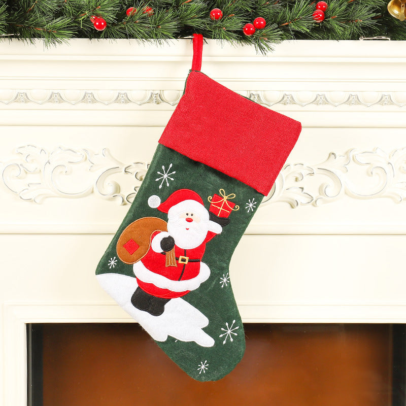Embroidered Christmas Stocking Gift Bag — Santa, Snowman & Deer