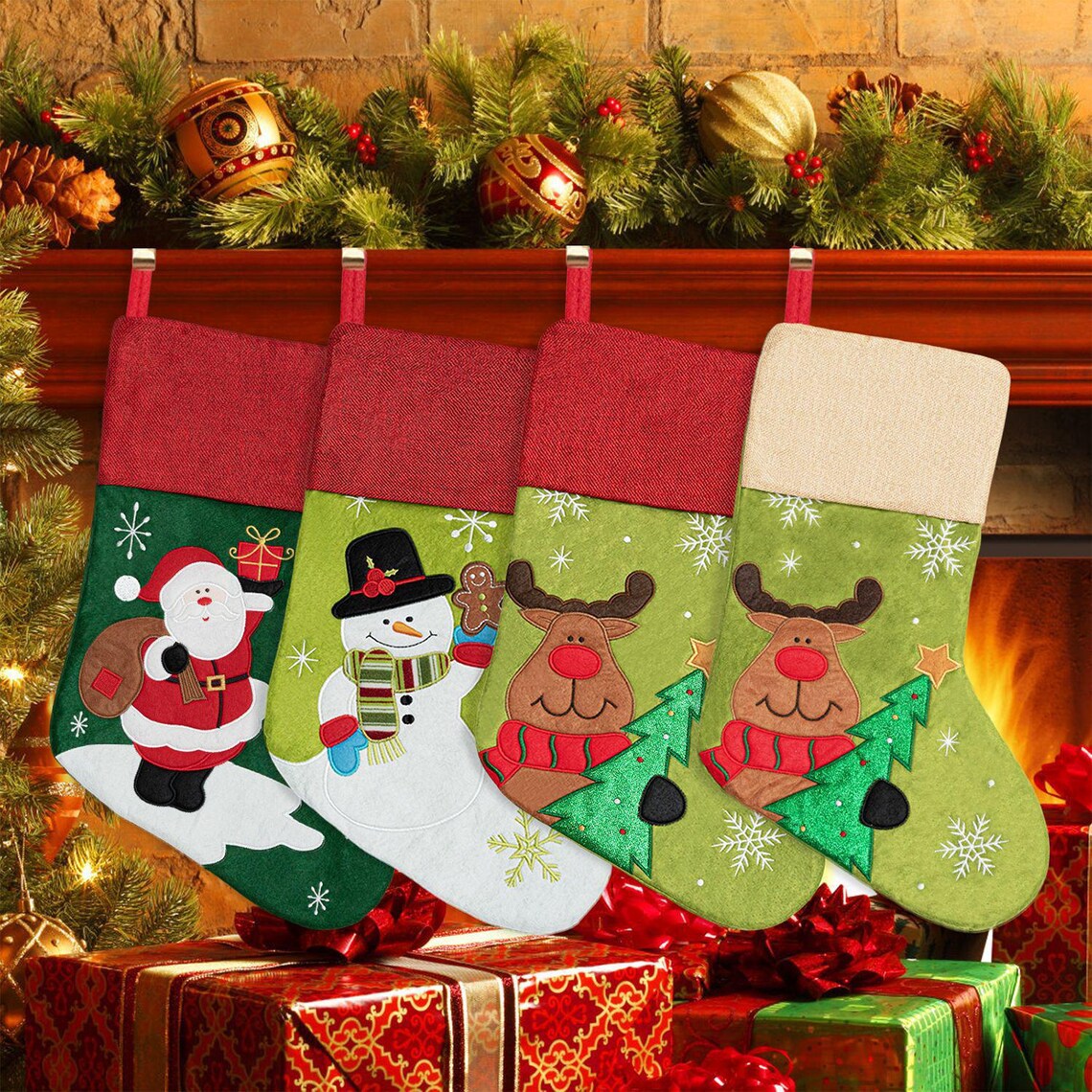Embroidered Christmas Stocking Gift Bag — Santa, Snowman & Deer