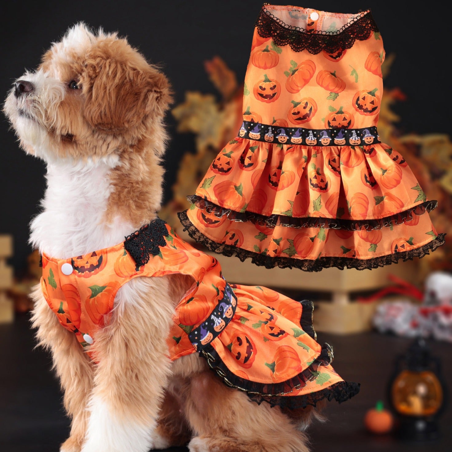 Halloween Pet Dog Dress for Medium and Small Dogs, Pumpkin Lace Skirt Factory Drop Shipping