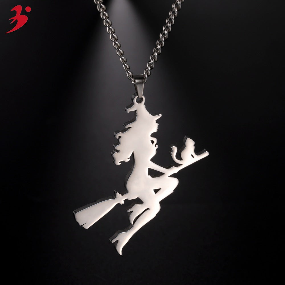 New Products Ladies Angel Stainless Steel Sweater Necklace Halloween Jewelry Gifts Witch Pendant