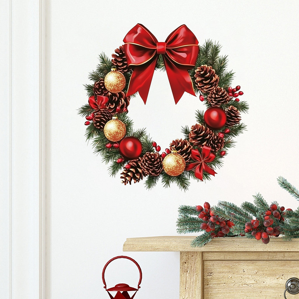 Christmas Wreath Wall Sticker — Red Bow & Pinecone