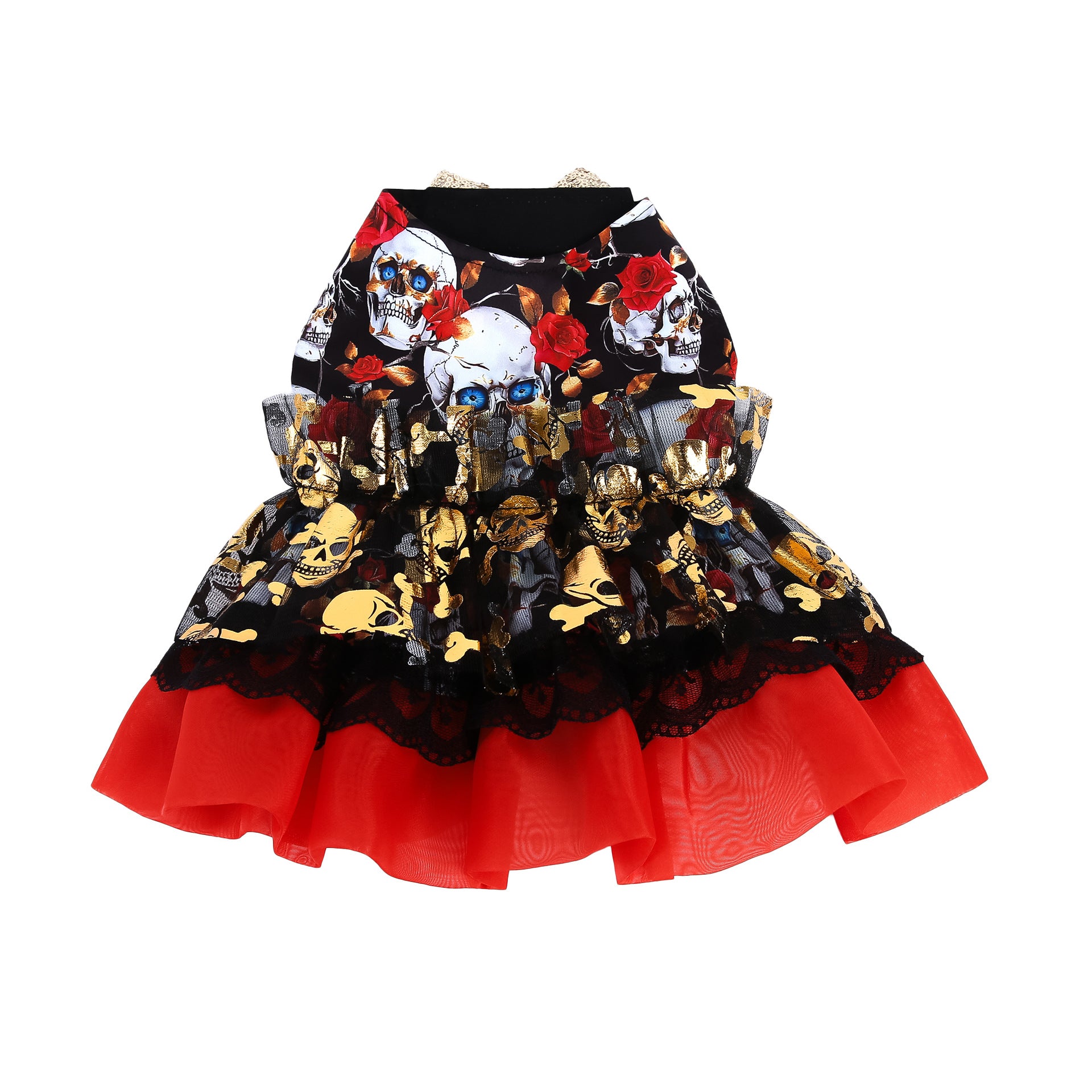 Autumn Winter Halloween Pet Clothes Teddy Bichon Maltese Organza Gold Foil Skull Princess Dress